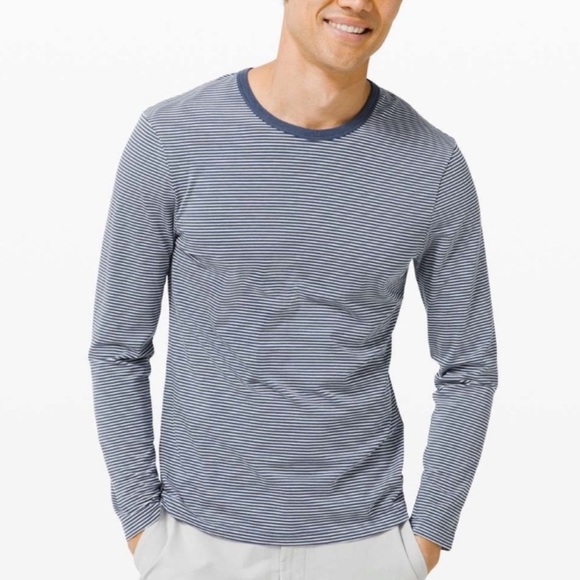 Lululemon Men’s 5 Year Basic Long Sleeve Tee Hyper Stripe Ink Blue Vapor Size M - Picture 1 of 6
